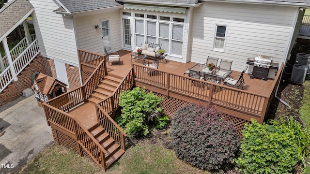 5308 Stableview Ct, Holly Springs, NC 27540 - wooden terrace with stairway, area for grilling, and outdoor dining space