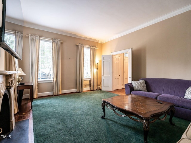 living area with ornamental molding, baseboards, and dark carpet