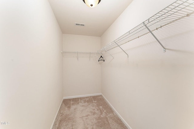 spacious closet featuring light colored carpet