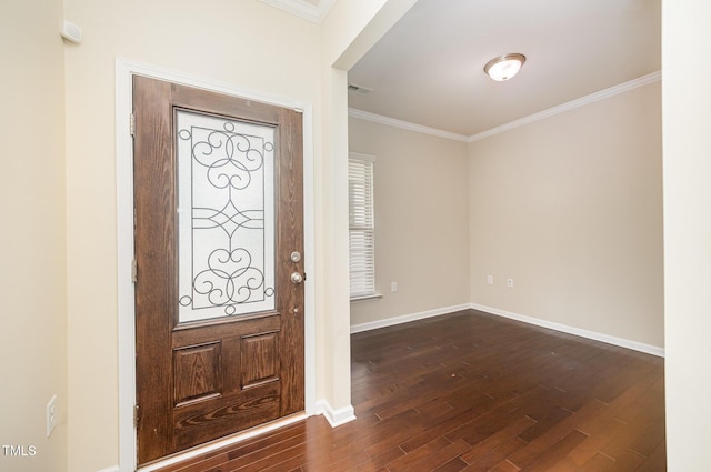 entryway with dark wood-style flooring, crown molding, and baseboards