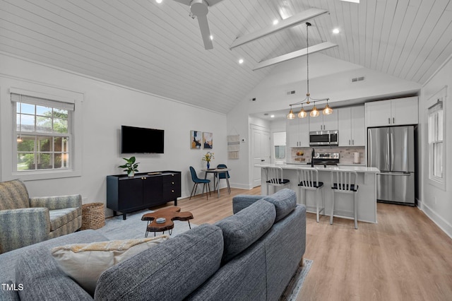 1015 Watts St, Durham, NC 27701 - living room featuring light wood-style flooring, wood ceiling, high vaulted ceiling, baseboards, and recessed lighting