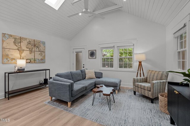 1015 Watts St, Durham, NC 27701 - living area with light wood-type flooring, a ceiling fan, high vaulted ceiling, a skylight, and wood ceiling
