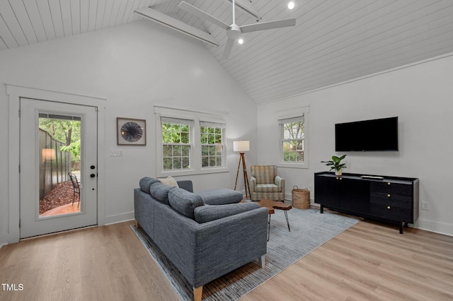 1015 Watts St, Durham, NC 27701 - living area featuring high vaulted ceiling, a ceiling fan, wood ceiling, light wood-style flooring, and baseboards
