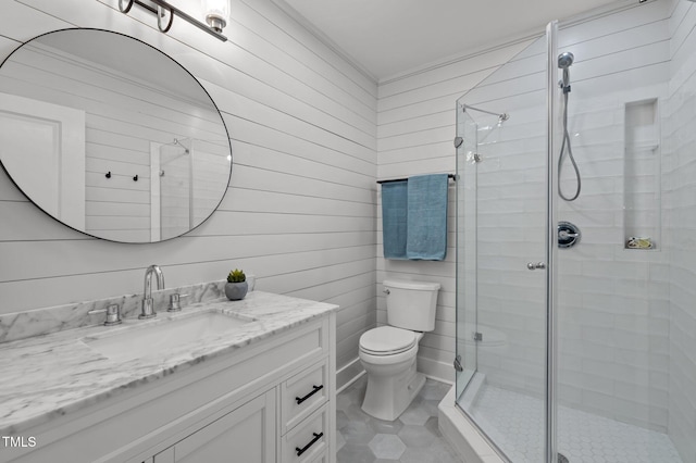1015 Watts St, Durham, NC 27701 - full bathroom with a shower stall, toilet, vanity, wood walls, and tile patterned floors