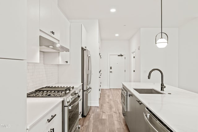 615 Daniels St Unit 215, Raleigh, NC 27605 - kitchen featuring stainless steel appliances, under cabinet range hood, a sink, light wood-style flooring, and pendant lighting