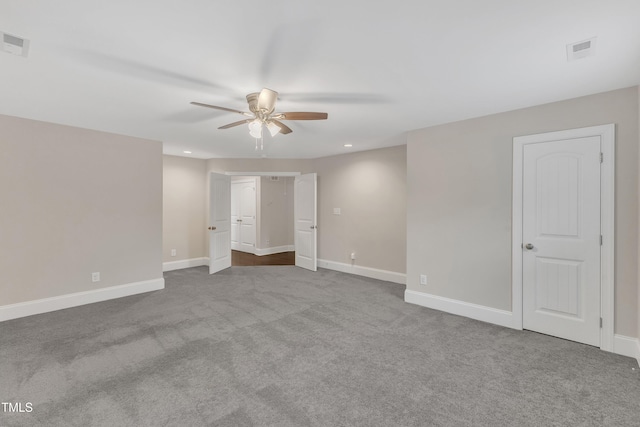 unfurnished room featuring a ceiling fan, carpet flooring, baseboards, and recessed lighting