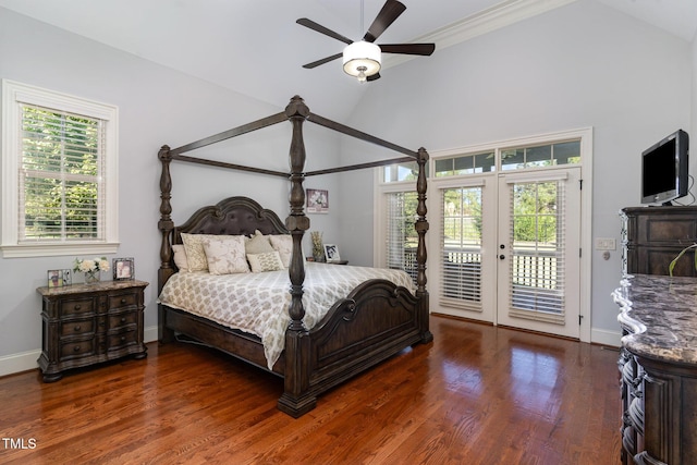 bedroom with access to outside, wood finished floors, baseboards, french doors, and high vaulted ceiling