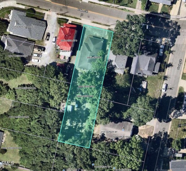 208 E Geer St, Durham, NC 27701 - aerial view of property's location with property boundaries highlighted