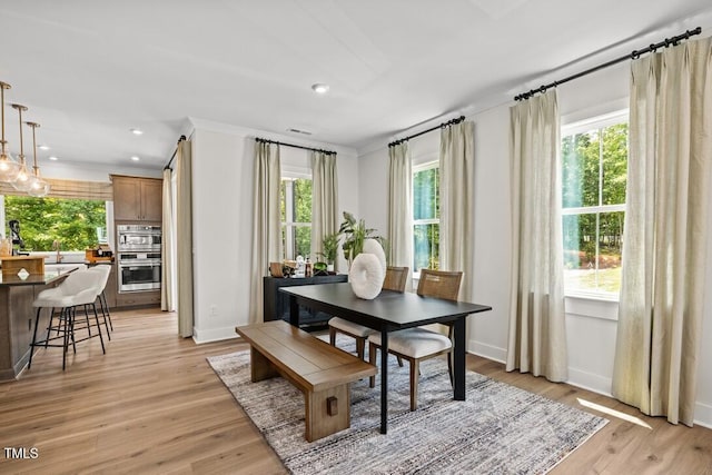 4611 Mint Leaf Ln, Raleigh, NC 27612 - dining area featuring healthy amount of natural light, light wood-type flooring, ornamental molding, and recessed lighting