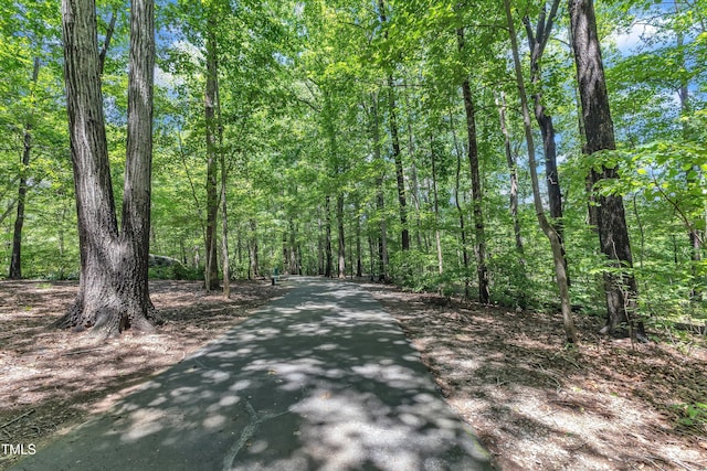 view of street featuring a forest view
