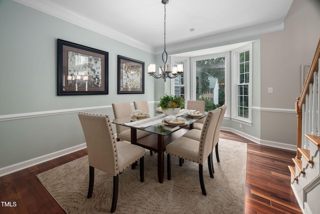111 Gingergate Dr, Cary, NC 27519 - dining space featuring stairs, a chandelier, crown molding, and wood finished floors