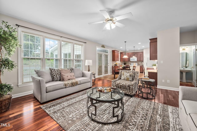 111 Gingergate Dr, Cary, NC 27519 - living area with ceiling fan, dark wood-style floors, and recessed lighting