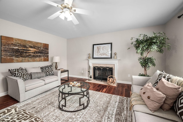 111 Gingergate Dr, Cary, NC 27519 - living area featuring wood finished floors, ceiling fan, and a tile fireplace