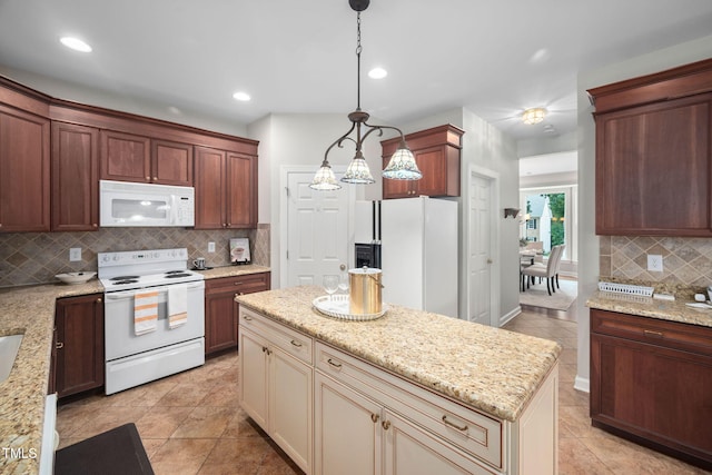 111 Gingergate Dr, Cary, NC 27519 - kitchen with white appliances, backsplash, light tile patterned floors, decorative light fixtures, and light stone countertops
