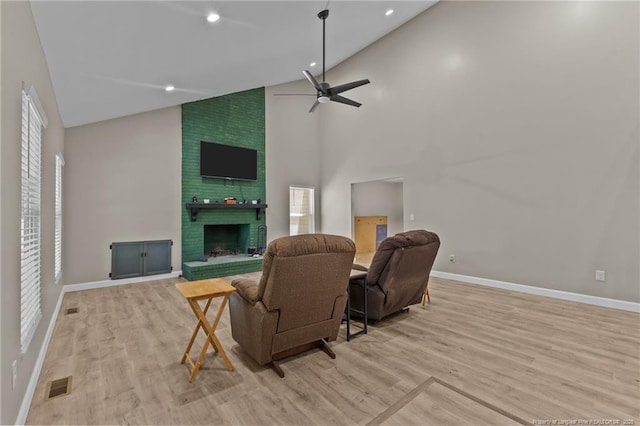 300 Fox Ridge Rd, Warsaw, NC 28398 - living room featuring baseboards, high vaulted ceiling, ceiling fan, light wood finished floors, and recessed lighting