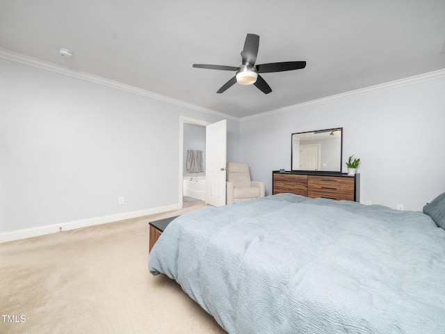 4502 Joe Cotton Dr, Knightdale, NC 27545 - bedroom with crown molding, baseboards, carpet, ceiling fan, and ensuite bathroom