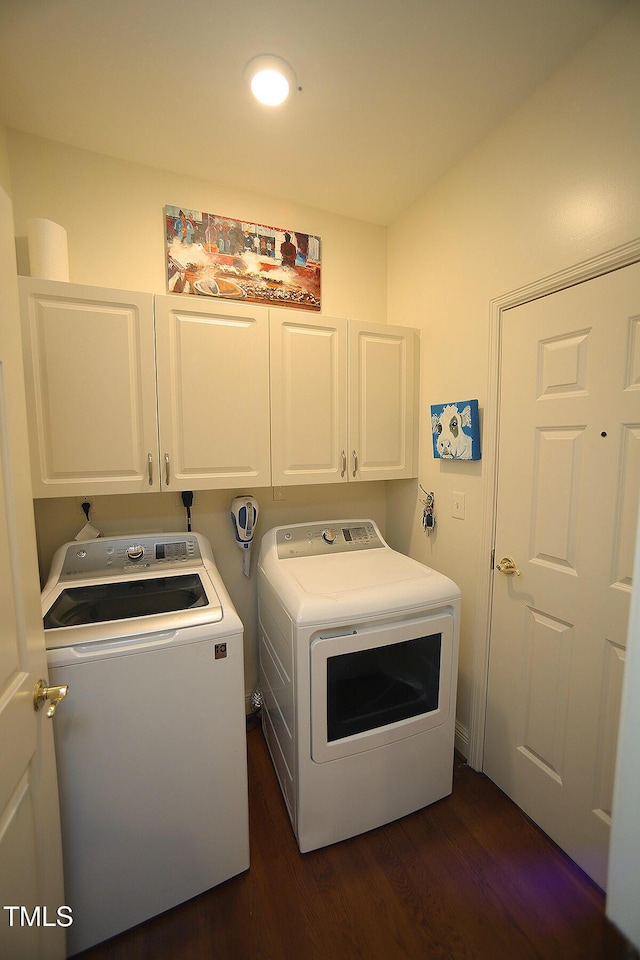 2901 Market Bridge Ln Unit 203, Raleigh, NC 27608 - clothes washing area with cabinet space, separate washer and dryer, and dark wood-type flooring