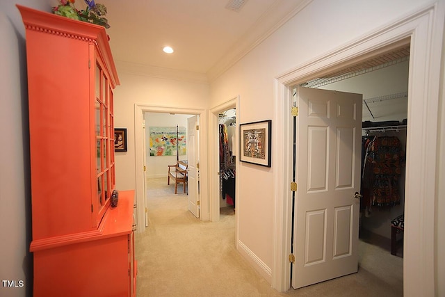 2901 Market Bridge Ln Unit 203, Raleigh, NC 27608 - corridor with light carpet, ornamental molding, recessed lighting, and baseboards
