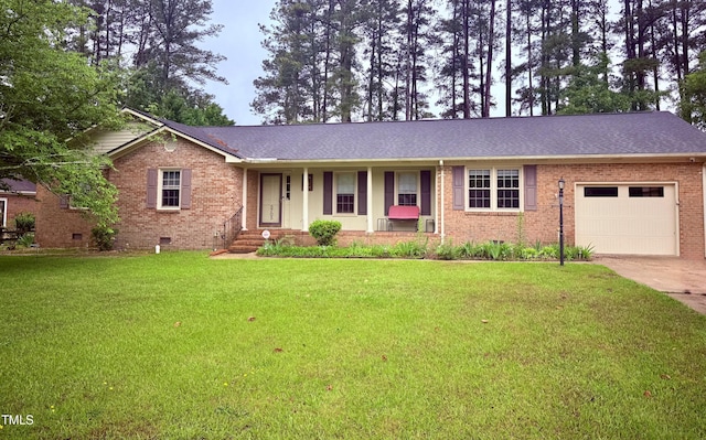 single story home with brick siding, an attached garage, driveway, and a front yard