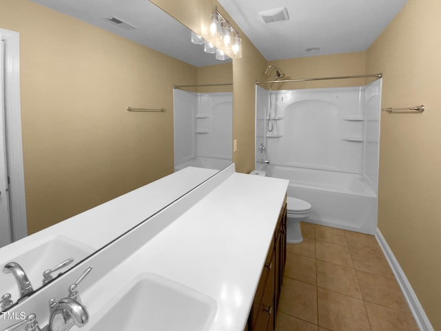 bathroom featuring tile patterned flooring, double vanity, baseboards, shower / tub combination, and toilet