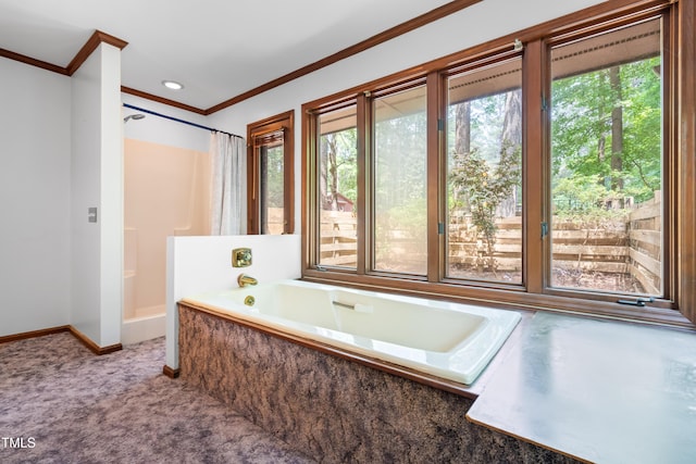 1608 New Hill Olive Chapel Rd, Apex, NC 27502 - full bathroom with plenty of natural light, ornamental molding, a shower with curtain, baseboards, and a garden tub