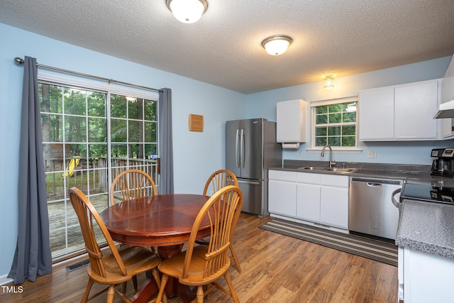 129 Clark Ct, Youngsville, NC 27596 - kitchen with appliances with stainless steel finishes, a sink, dark wood-type flooring, white cabinetry, and a textured ceiling