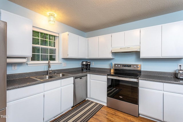 129 Clark Ct, Youngsville, NC 27596 - kitchen with stainless steel appliances, under cabinet range hood, a sink, white cabinetry, and dark countertops