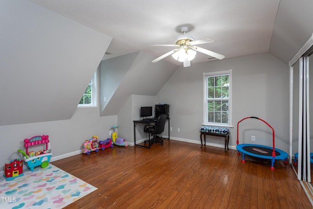129 Clark Ct, Youngsville, NC 27596 - recreation room featuring lofted ceiling, hardwood / wood-style flooring, ceiling fan, a desk, and baseboards