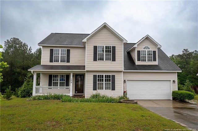 109 Sand Dollar Ct, Raeford, NC 28376 - view of front of home with covered porch, concrete driveway, a front lawn, and a shingled roof