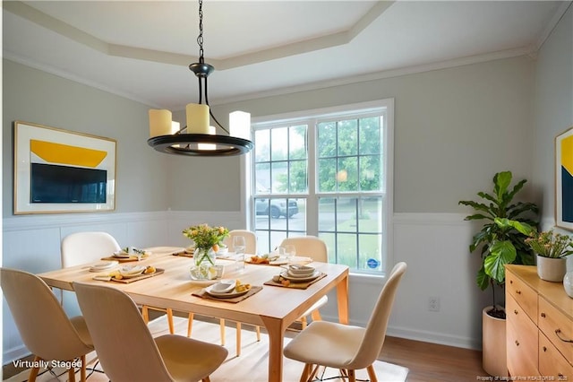 109 Sand Dollar Ct, Raeford, NC 28376 - dining space featuring a chandelier, a wainscoted wall, wood finished floors, a raised ceiling, and ornamental molding