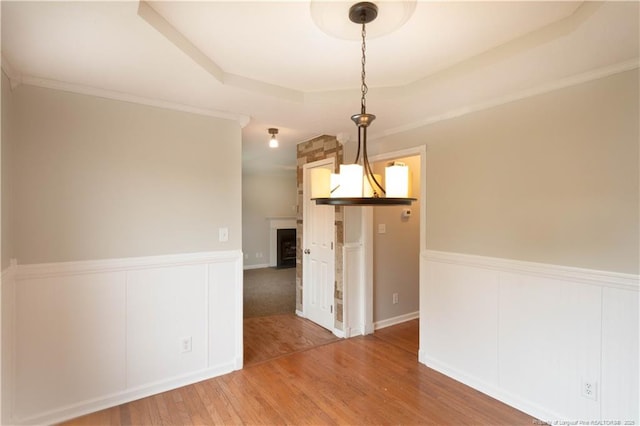 109 Sand Dollar Ct, Raeford, NC 28376 - empty room featuring wainscoting, wood finished floors, a tray ceiling, and a fireplace