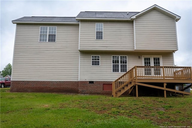 109 Sand Dollar Ct, Raeford, NC 28376 - back of house with a yard, a wooden deck, crawl space, and stairs