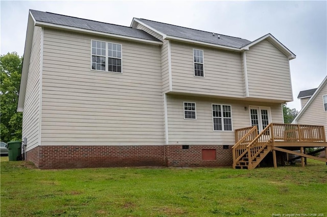 109 Sand Dollar Ct, Raeford, NC 28376 - rear view of property with a wooden deck, a yard, crawl space, and stairs