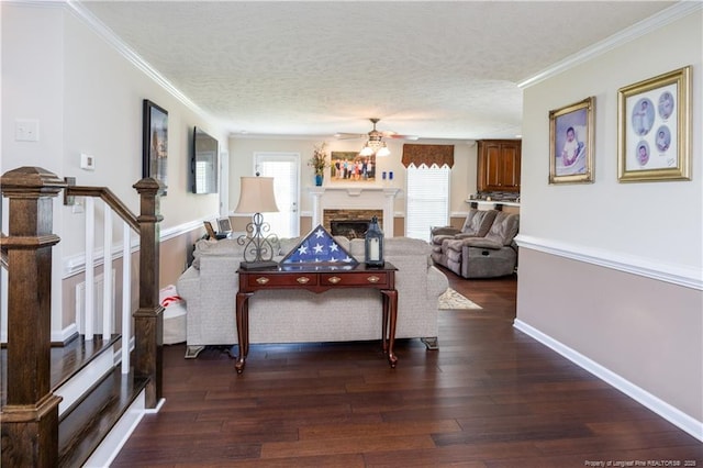 430 Rose Rd, Newton Grove, NC 28366 - living area featuring ceiling fan, a fireplace, wood-type flooring, ornamental molding, and a textured ceiling