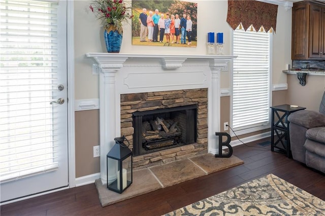430 Rose Rd, Newton Grove, NC 28366 - living room with wood finished floors, a stone fireplace, and plenty of natural light
