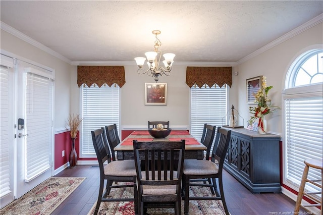 430 Rose Rd, Newton Grove, NC 28366 - dining room featuring a chandelier, dark wood-style floors, crown molding, and baseboards