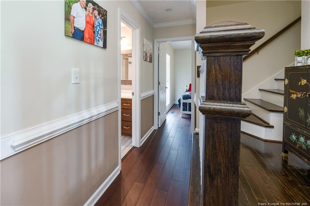 430 Rose Rd, Newton Grove, NC 28366 - hall featuring crown molding, stairs, dark wood-style floors, and baseboards