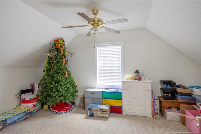430 Rose Rd, Newton Grove, NC 28366 - playroom with vaulted ceiling, light carpet, a ceiling fan, and a textured ceiling
