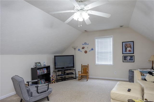 430 Rose Rd, Newton Grove, NC 28366 - living room with vaulted ceiling, carpet, a ceiling fan, and baseboards