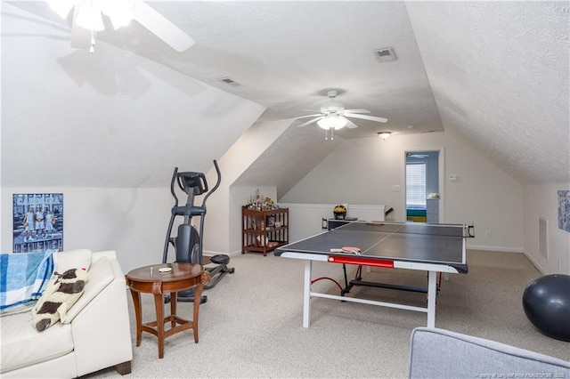 430 Rose Rd, Newton Grove, NC 28366 - playroom featuring a ceiling fan, carpet, vaulted ceiling, baseboards, and a textured ceiling