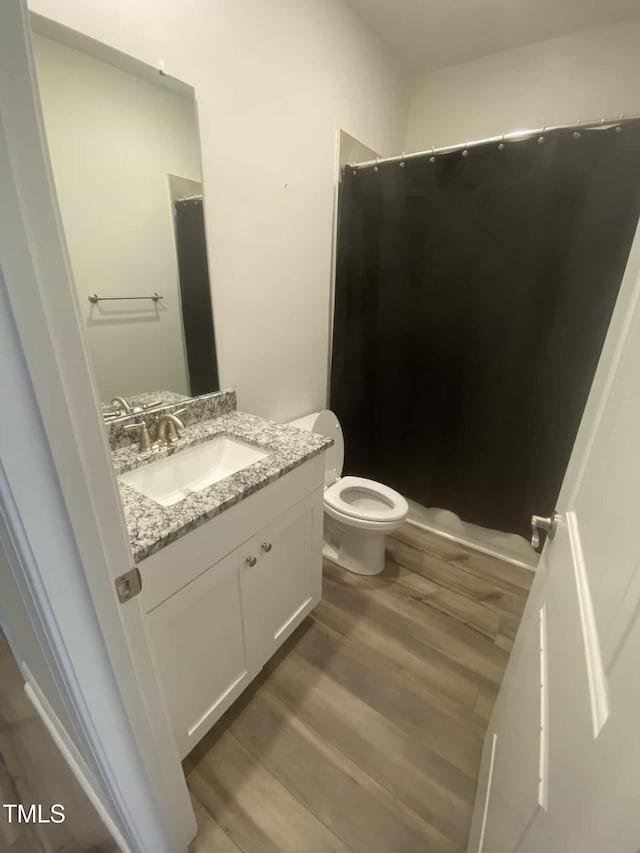 400 Access Dr, Youngsville, NC 27596 - bathroom with vanity, toilet, wood finished floors, and a shower with curtain