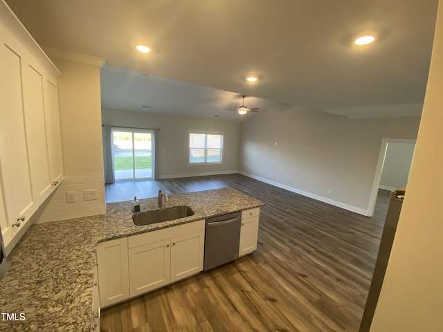 400 Access Dr, Youngsville, NC 27596 - kitchen featuring dishwasher, a sink, dark wood-type flooring, a ceiling fan, and open floor plan