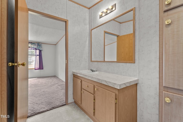 4870 Dogwood Dr, Battleboro, NC 27809 - bathroom with ornamental molding, vanity, and a textured ceiling