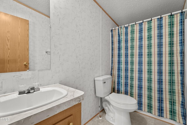 4870 Dogwood Dr, Battleboro, NC 27809 - bathroom with a textured ceiling, toilet, vanity, and a shower with shower curtain