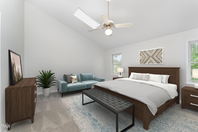 113 Spring Cove Dr, Cary, NC 27511 - bedroom featuring light carpet, lofted ceiling, multiple windows, a ceiling fan, and baseboards