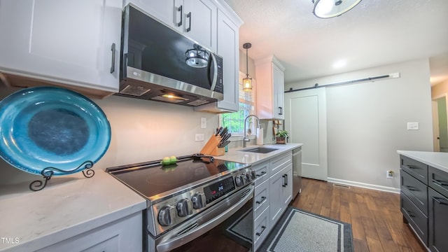 kitchen featuring stainless steel appliances, light countertops, a sink, dark wood-style floors, and a barn door