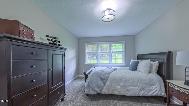 bedroom featuring carpet flooring, a textured ceiling, baseboards, and lofted ceiling