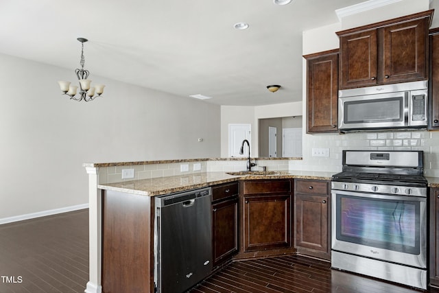 kitchen featuring appliances with stainless steel finishes, a sink, decorative backsplash, a peninsula, and dark wood-type flooring