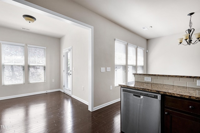 kitchen featuring stainless steel dishwasher, a chandelier, dark brown cabinetry, baseboards, and dark wood-type flooring