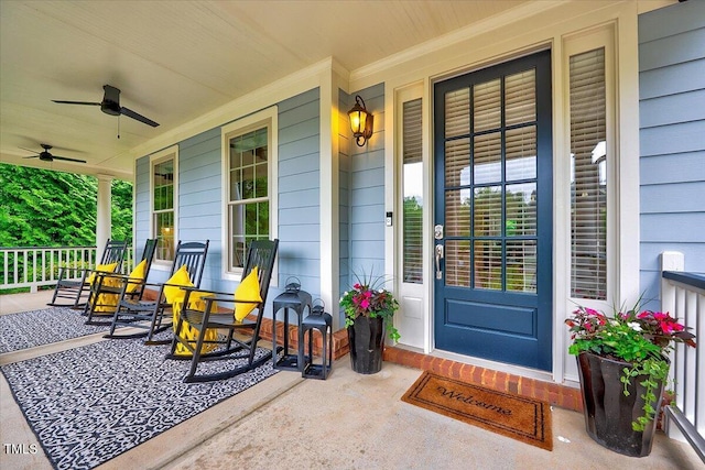 property entrance featuring a porch and ceiling fan